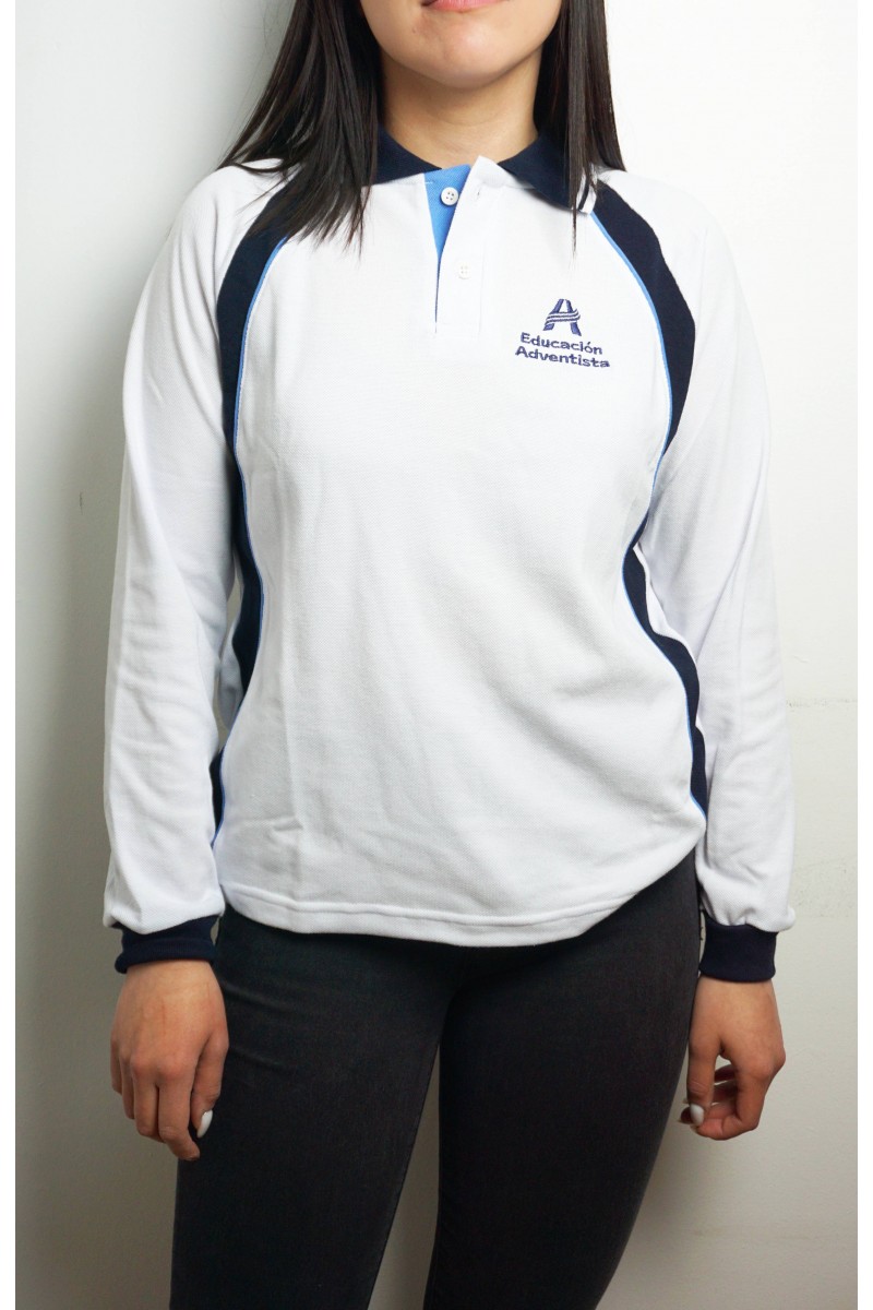POLERA PIQUE ML UNISEX BLANCO/AZUL ADVENTISTA