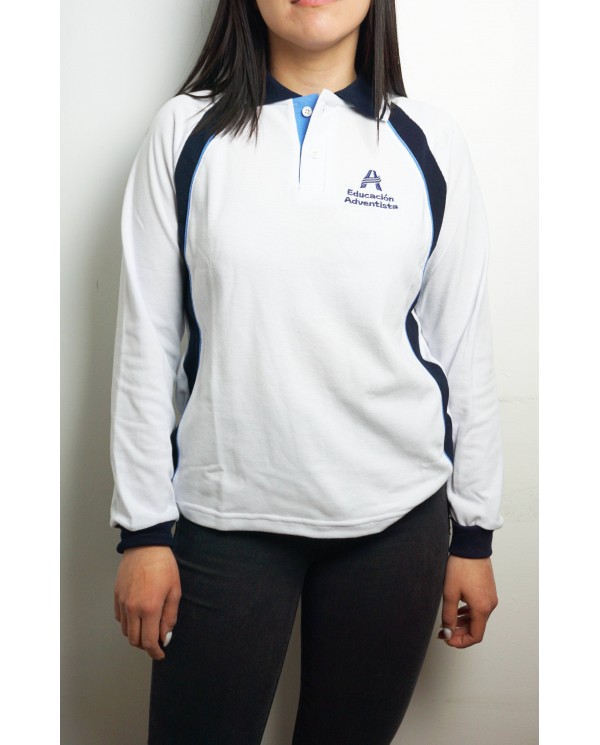 POLERA PIQUE ML UNISEX BLANCO/AZUL ADVENTISTA