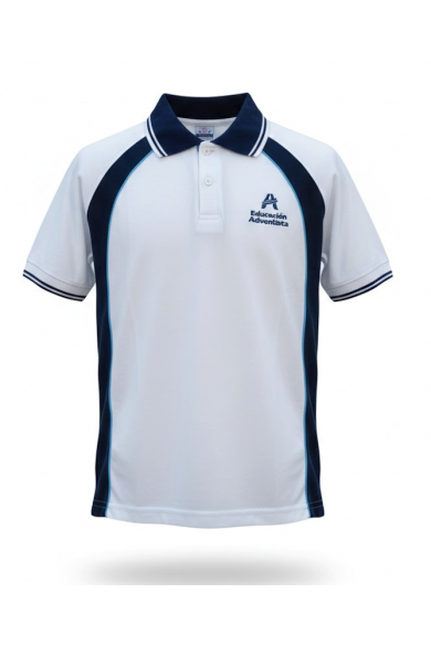 POLERA PIQUE MC UNISEX BLANCO/AZUL ADVENTISTA