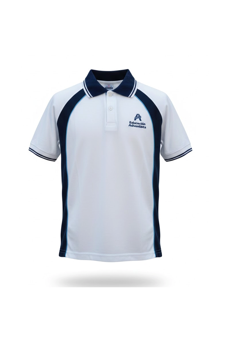 POLERA PIQUE MC UNISEX BLANCO/AZUL ADVENTISTA